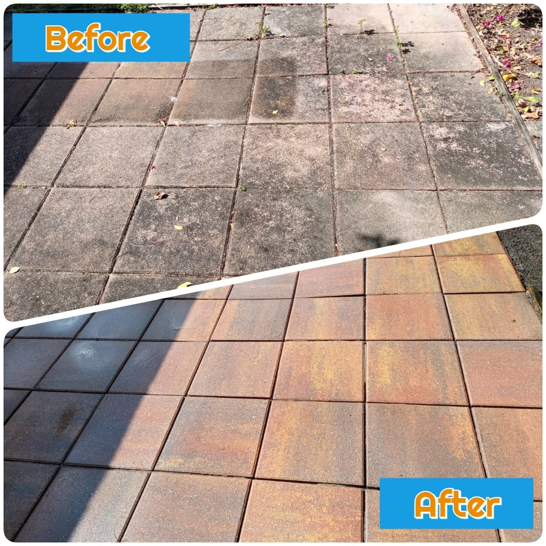 before and after image of a patio that has been cleaned
