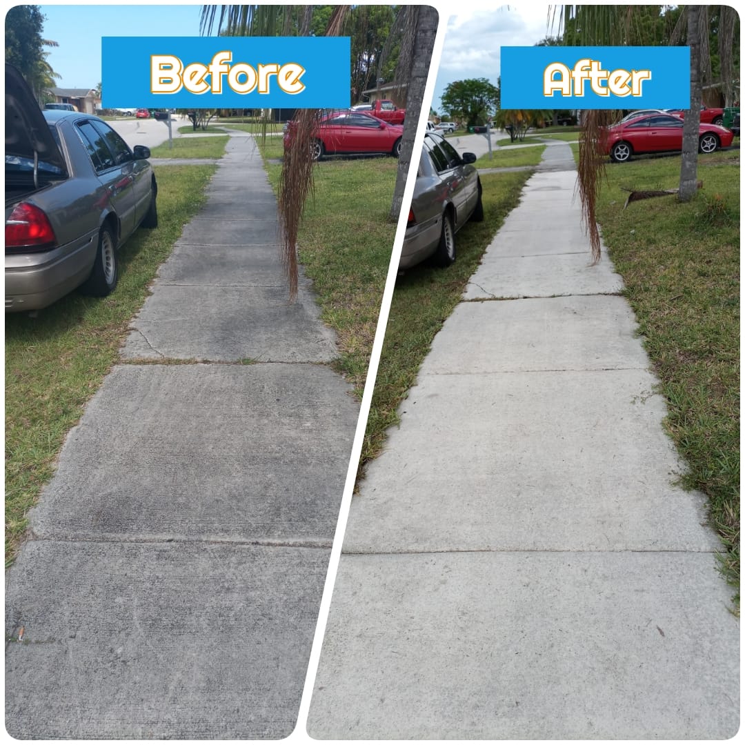 before and after image of a clean side walk